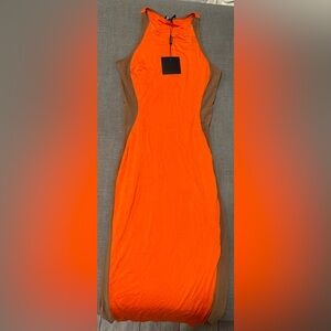 JLUXLABEL Vibrant Orange and Brown Midi Dress